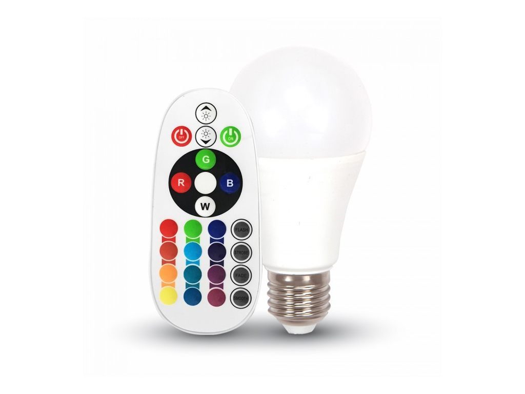 Távirányítós RGB+fehér fényű LED lámpa E27 6 Watt A60 körte forma