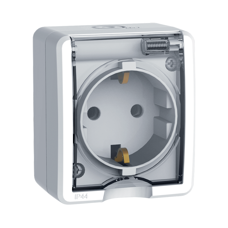 Falon kívüli IP44 védettségű dugalj áttetsző csapófedéllel fehér