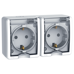 Falon kívüli IP44 védettségű dupla dugalj áttetsző csapófedéllel fehér