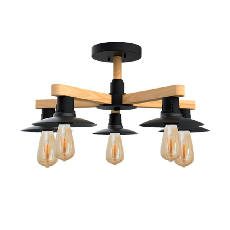 PHIL 3 ágú mennyezeti lámpa 5xE27 foglalattal fekete fém és fa