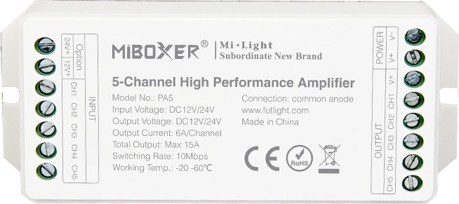 5 csatornás RGB+CCT jelerősítő, 12-24V, 15A