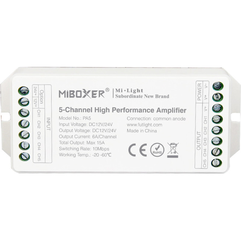5 csatornás RGB+CCT jelerősítő, 12-24V, 15A