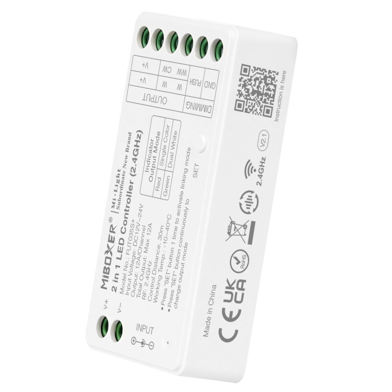 Miboxer FUT035S+ 2in1 (Mono/CCT) univerzális LED szalag vezérlő RF 12-24V 12A PUSH MESH
