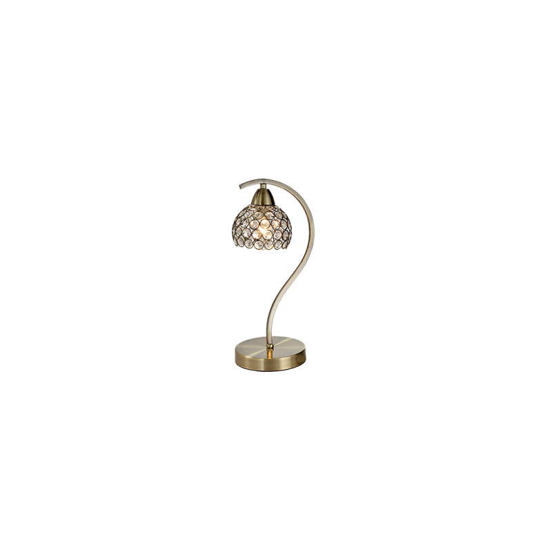 Elegáns antik asztali lámpa, sárgaéz, díszes üveg búra, E14, LIZA lámpacsalád