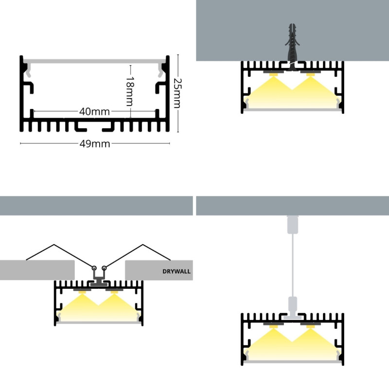 Falon kívüli alumínium LED szalag profil 49x25mm MAXI SF22S ezüst eloxált, búra nélkül - HUGOLED