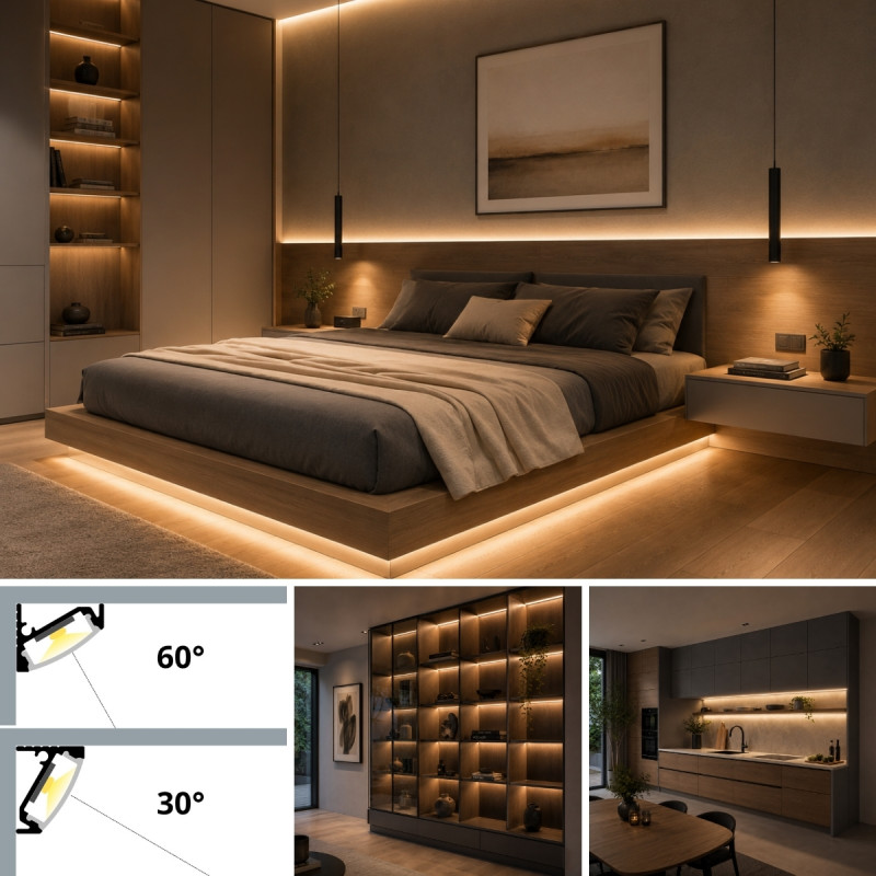 Sarok alumínium LED szalag profil C6CH-T pezsgő arany eloxált 16.6x13mm 30-60 fokos Átlátszó búrával - HUGOLED