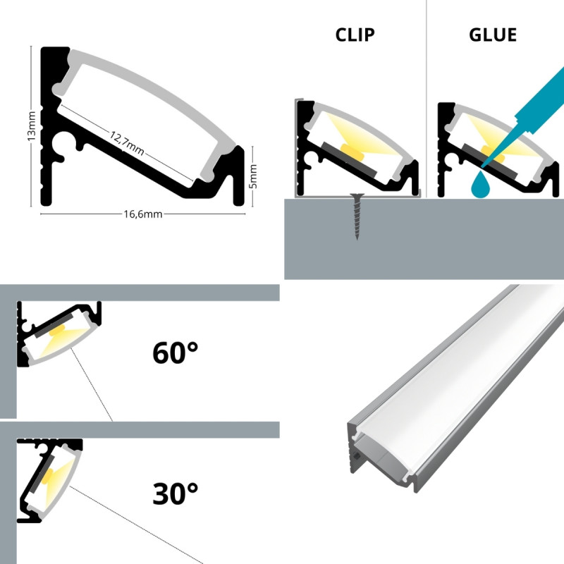 Sarok alumínium LED szalag profil C6CH-T pezsgő arany eloxált 16.6x13mm 30-60 fokos Átlátszó búrával - HUGOLED