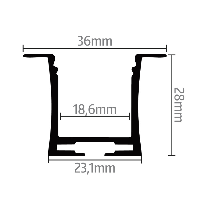 Süllyesztett Alumínium LED szalag profil R6 (SZxM 36x28mm) bútorlapba, gipszkartonba ezüst eloxált fedő nélkül