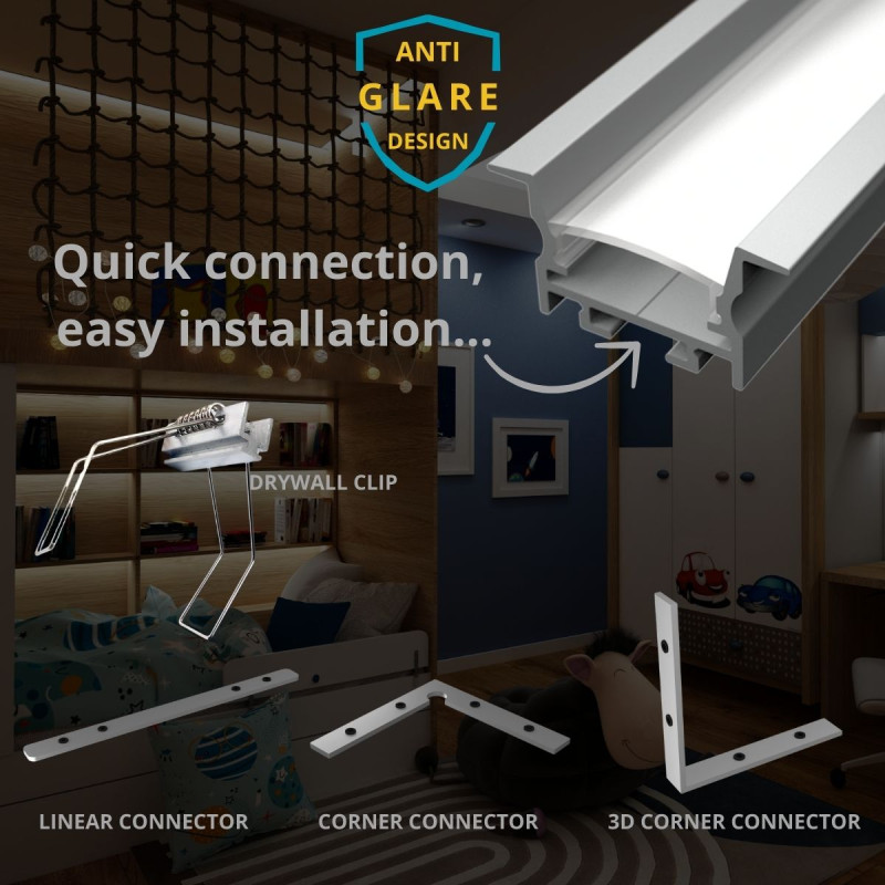 Süllyesztett R16B LED szalag profil fekete eloxált víztiszta fedővel ANTI GLARE DESIGN