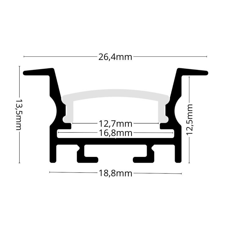 Süllyesztett R16B LED szalag profil fekete eloxált víztiszta fedővel ANTI GLARE DESIGN