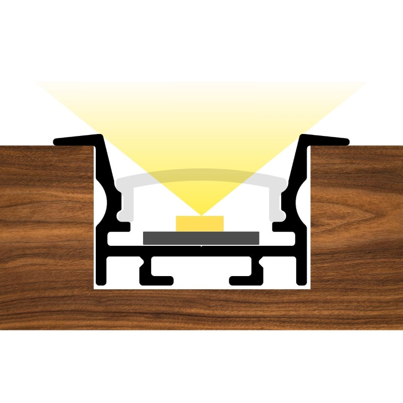 Süllyesztett R16B LED szalag profil fekete eloxált víztiszta fedővel ANTI GLARE DESIGN