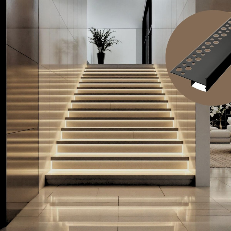 Lépcső világító LED szalag profil padlólaphoz eloxált fekete