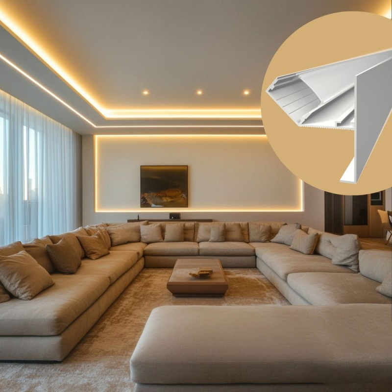 Gipszkarton CEW2 LED szalag profil rejtett világításhoz fehér eloxált víztiszta fedővel