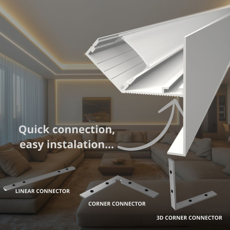 Gipszkarton CEW2 LED szalag profil rejtett világításhoz fehér eloxált víztiszta fedővel