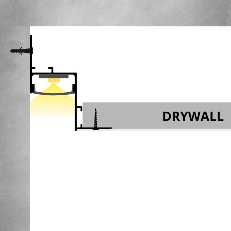 Gipszkarton mennyezeti-oldalfali LED szalag profil rejtett világításhoz víztiszta fedővel
