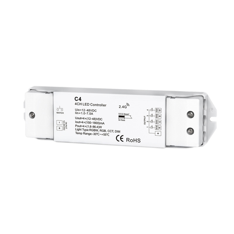 4 csatornás RGB, RGBW LED szalag vezérlő, C4, 4x300mA, 12-48VDC
