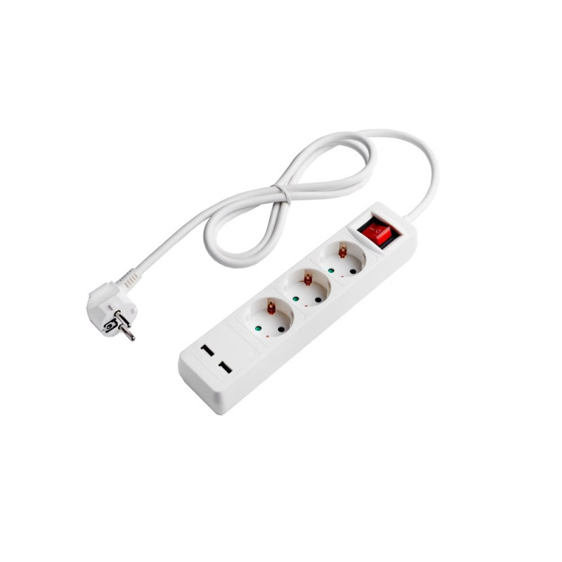 POWER STRIP 3 SOCKETS+SWITCH+2USB(2.1A TOTAL) H05VV-F3G1.5mm-1.5M, 16A, 250V, Max3500W - WHITE