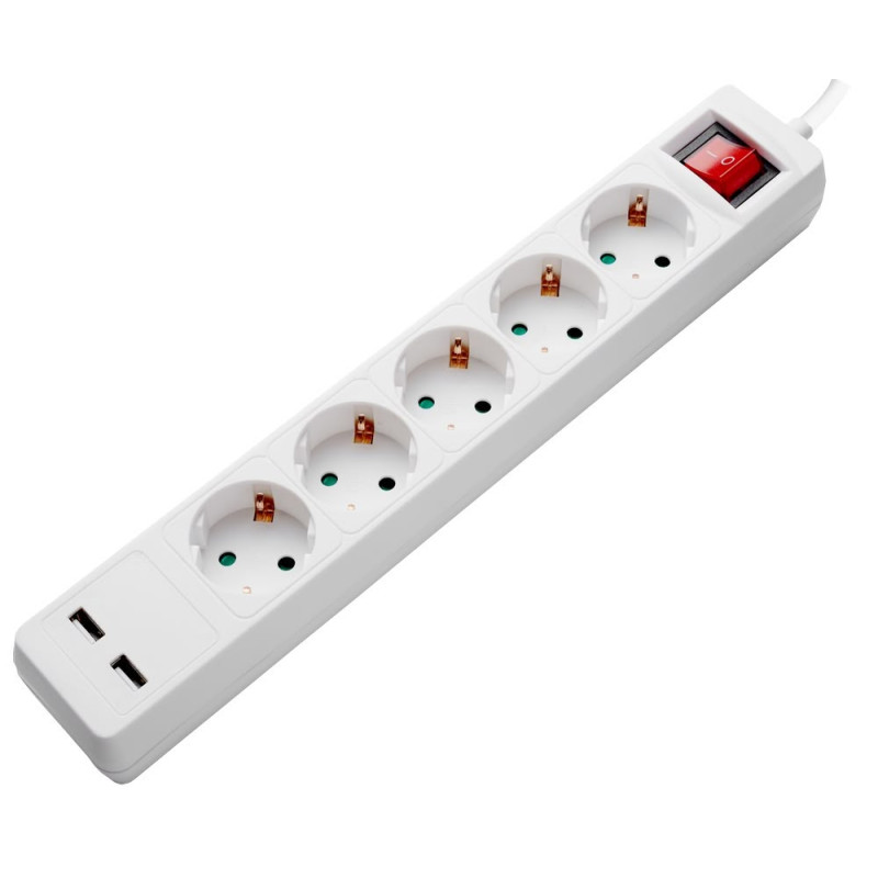 POWER STRIP 5 SOCKETS+SWITCH+2USB(2.1A TOTAL) H05VV-F3G1.5mm-1.5M, 16A, 250V, Max3500W - WHITE