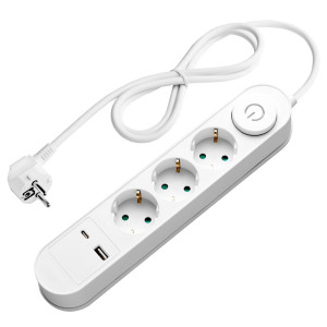 POWER STRIP 3 SOCKETS+SWITCH+USB-A(1A)+USB-C(PD18W) H05VV-F3G1.5mm-1.5M, 16A, 250V, Max3500W - WHITE
