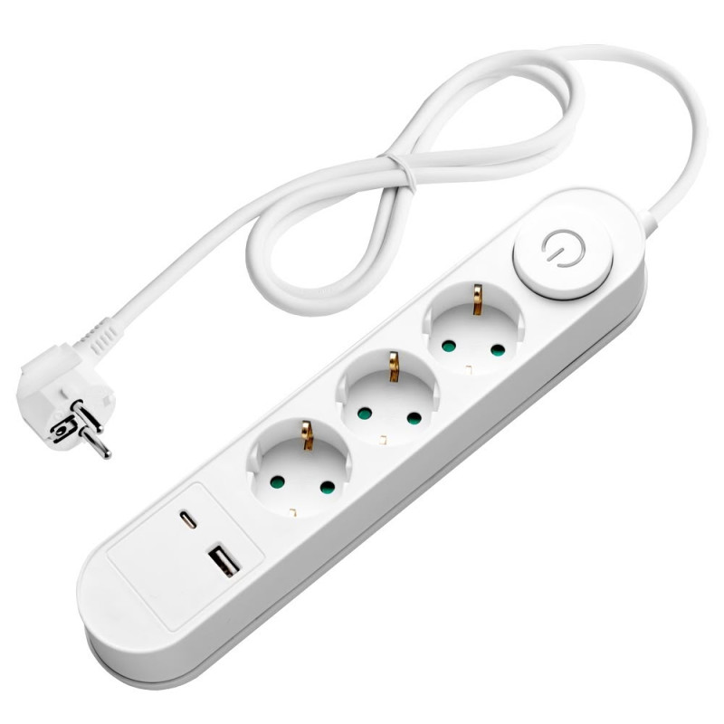 POWER STRIP 3 SOCKETS+SWITCH+USB-A(1A)+USB-C(PD18W) H05VV-F3G1.5mm-1.5M, 16A, 250V, Max3500W - WHITE