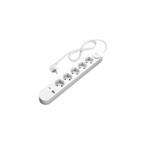 POWER STRIP 5 SOCKETS+SWITCH+USB-A(1A)+USB-C(PD18W) H05VV-F3G1.5mm-1.5M, 16A, 250V, Max3500W - WHITE