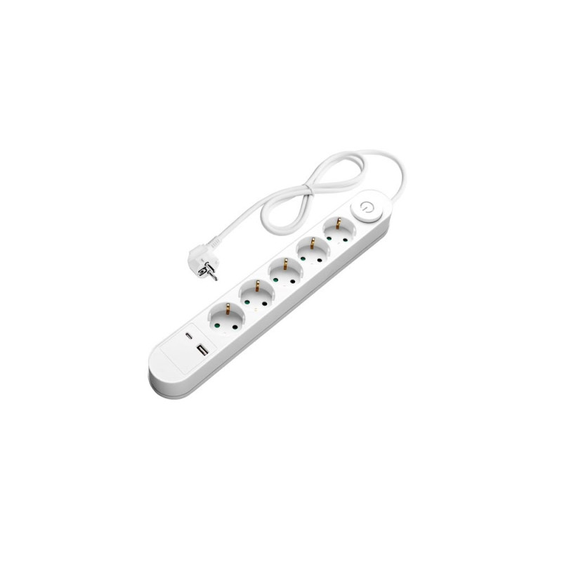 POWER STRIP 5 SOCKETS+SWITCH+USB-A(1A)+USB-C(PD18W) H05VV-F3G1.5mm-1.5M, 16A, 250V, Max3500W - WHITE