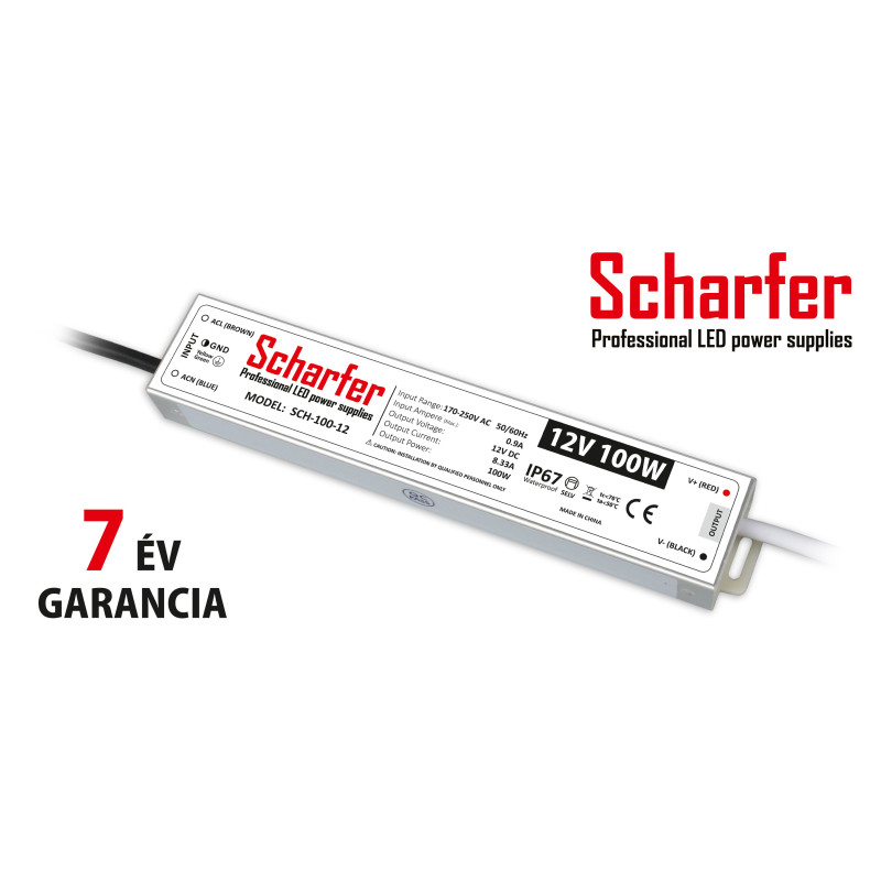 Scharfer vízmentes kültéri LED tápegység 100W 12V IP67 7év garancia