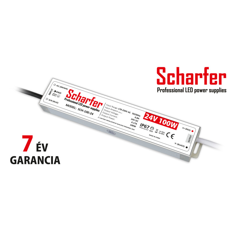 Scharfer vízmentes kültéri LED tápegység 100W 24V IP67 7év garancia