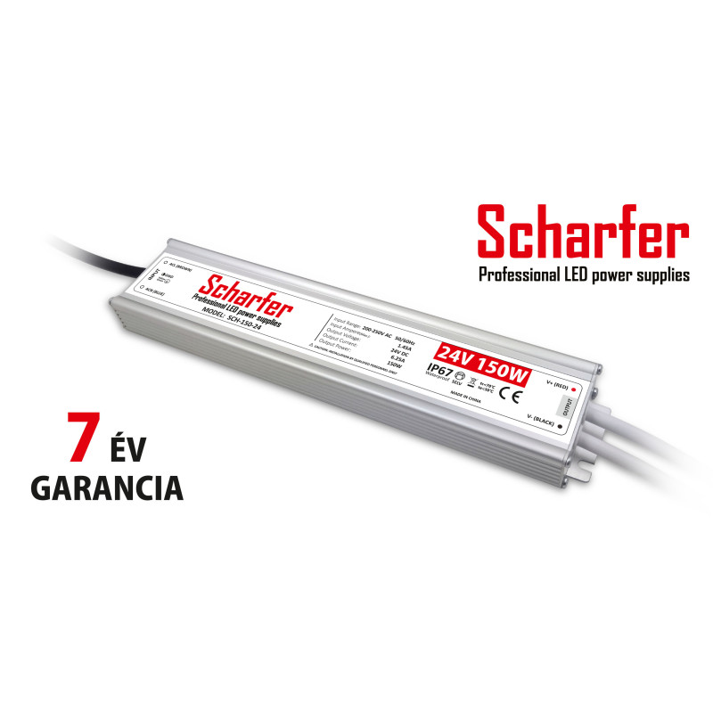 Scharfer vízmentes kültéri LED tápegység 150W 24V IP67 7év garancia