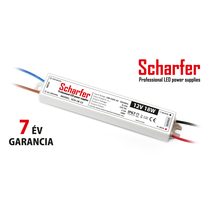 Scharfer vízmentes kültéri LED tápegység 18W 12V IP67 7év garancia
