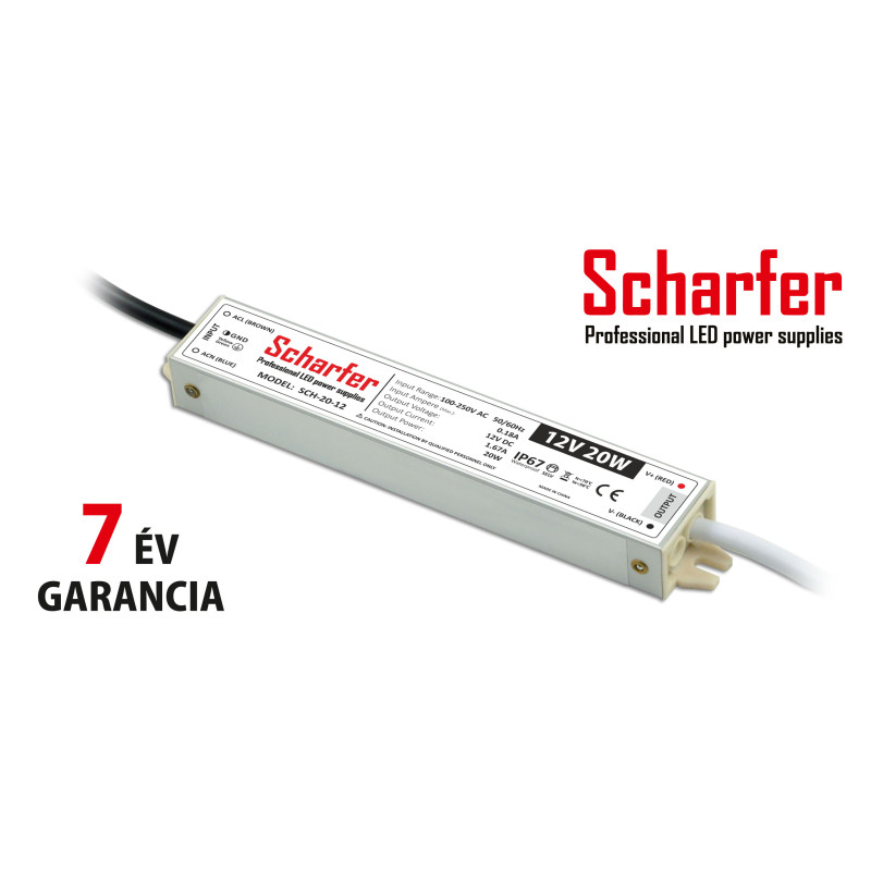 Scharfer vízmentes kültéri LED tápegység 20W 12V IP67 7év garancia