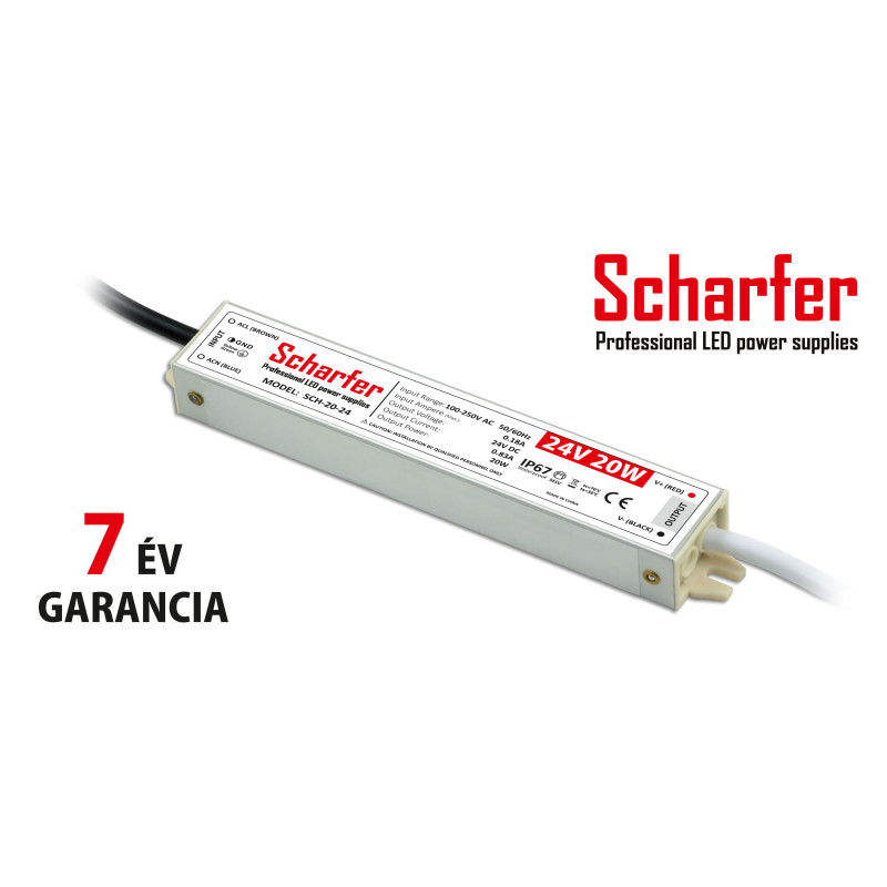 Scharfer vízmentes kültéri LED tápegység 20W 24V IP67 7év garancia