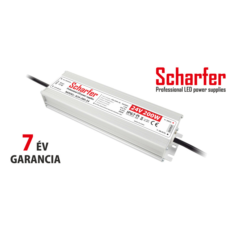 Scharfer vízmentes kültéri LED tápegység 200W 24V IP67 7év garancia