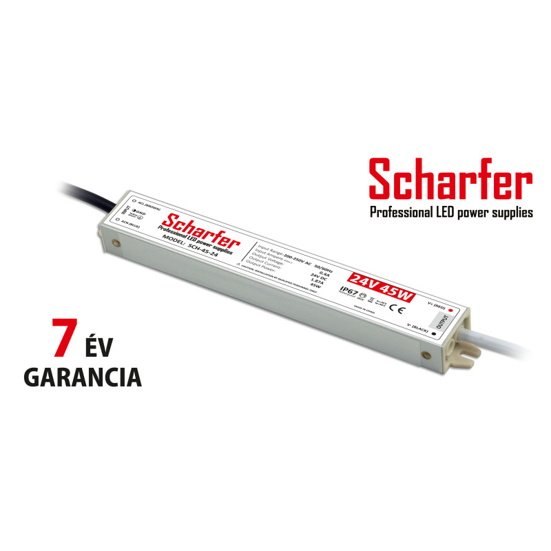 Scharfer vízmentes kültéri LED tápegység 45W 24V IP67 7év garancia