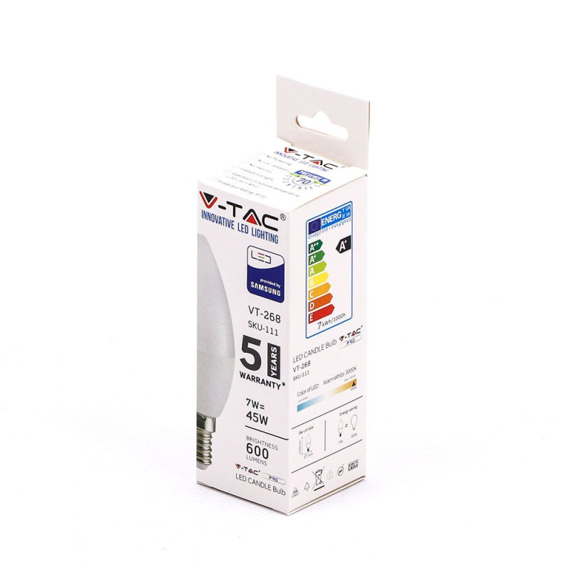 V-TAC gyertya LED égő Samsung Chip E14 7W 3000K 600lm