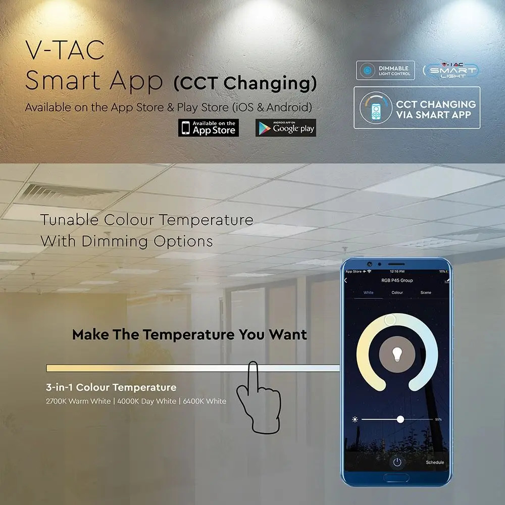 V-TAC  SMART CCT LED Panel 600x600mm 40W 4800lm - színhőmérséklet és fényerő szabályozás